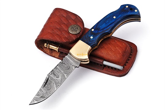 Damascus Steel Lock Back Folding Knife